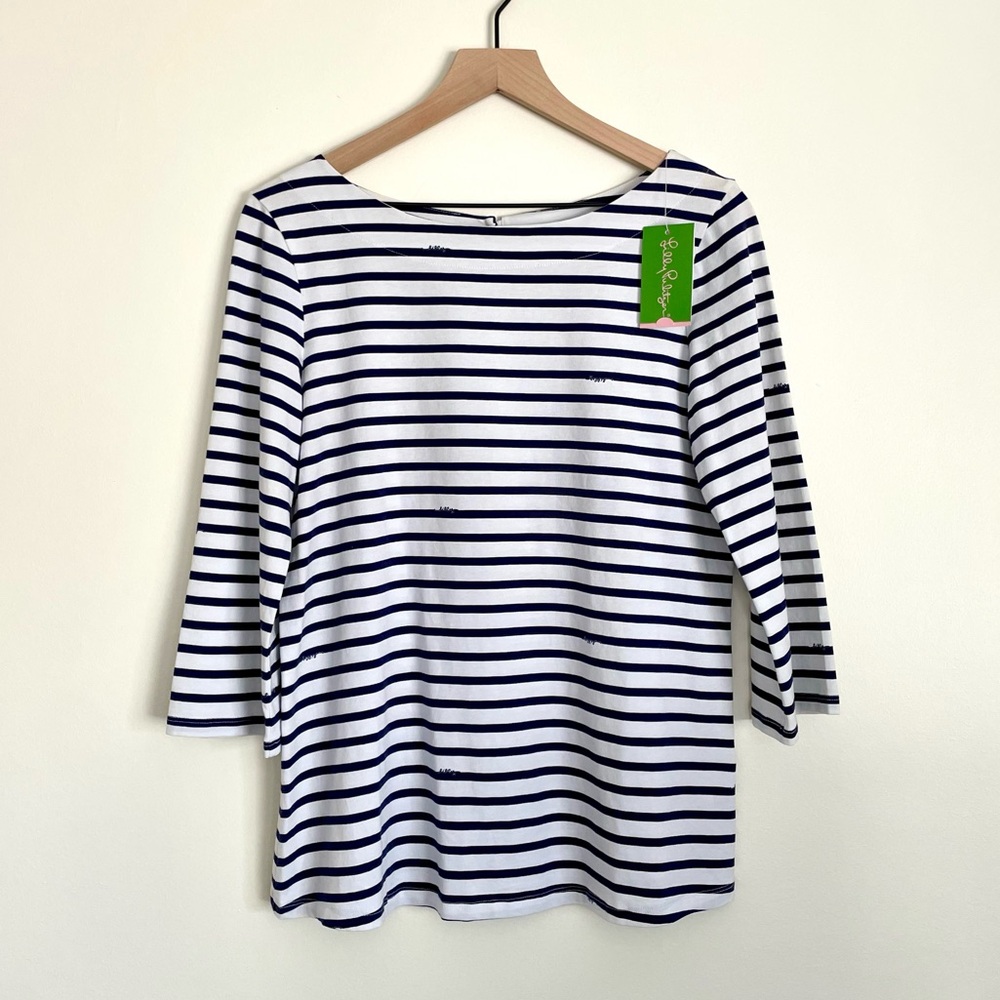 Lilly Pulitzer Navy and White Striped Cotton Blend Top Classic Old Money